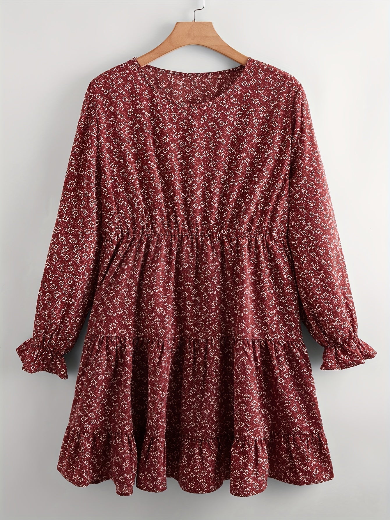  Boho Dress Ditsy Floral Print Ruffle Trim Smock Dress