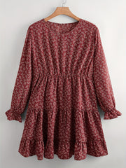  Boho Dress Ditsy Floral Print Ruffle Trim Smock Dress