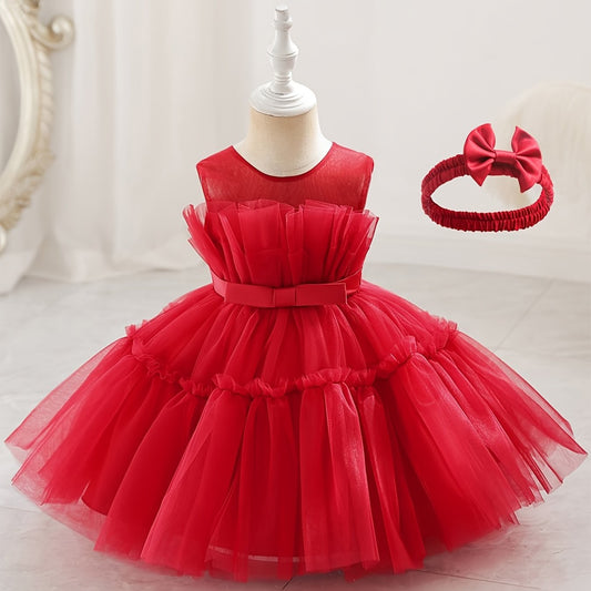 Girls Sleeveless Mesh Tutu Dress & Bow Headband Set for Party