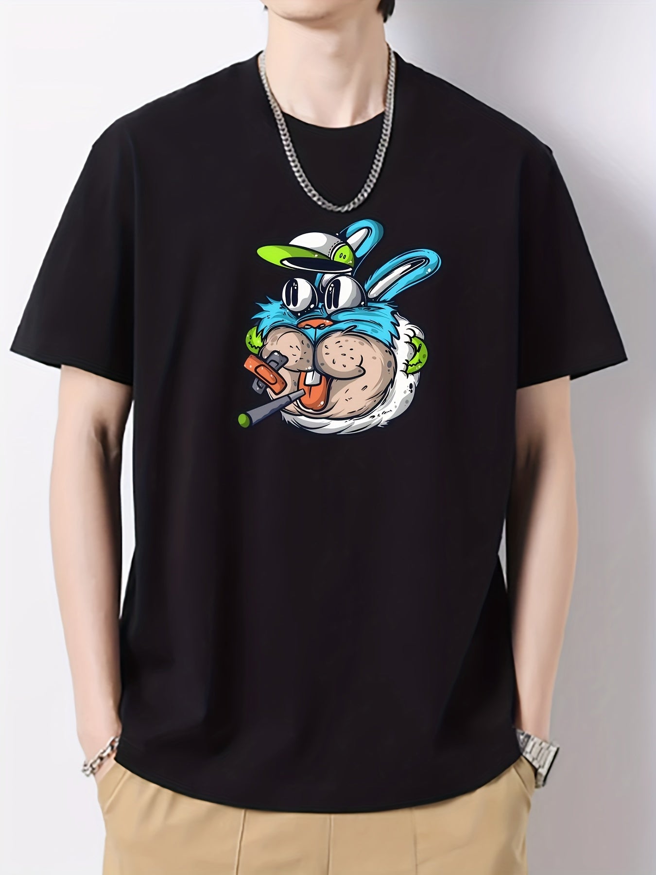 Cartoon Rabbit Print Men's Cotton Graphic Crew Neck Active T shirt