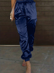 Women's Plus Solid Satin Cargo Pants With Drawstring Waist