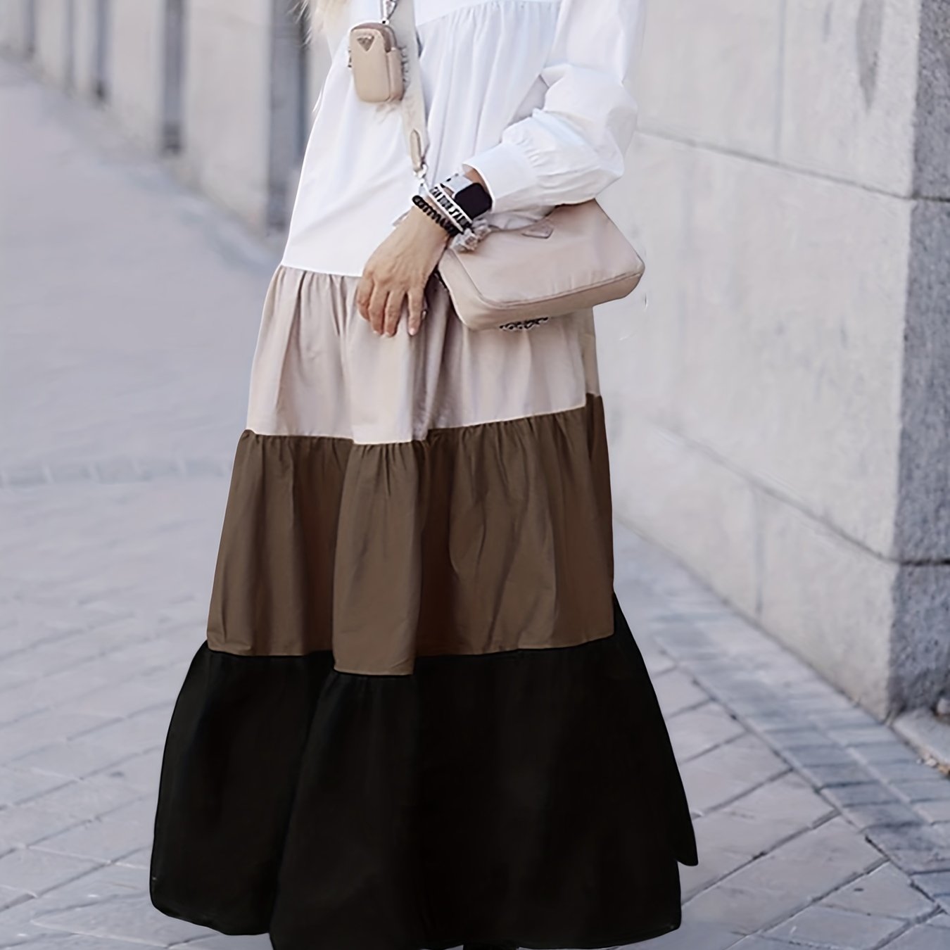  Colorblock Long Sleeve Maxi Dress
