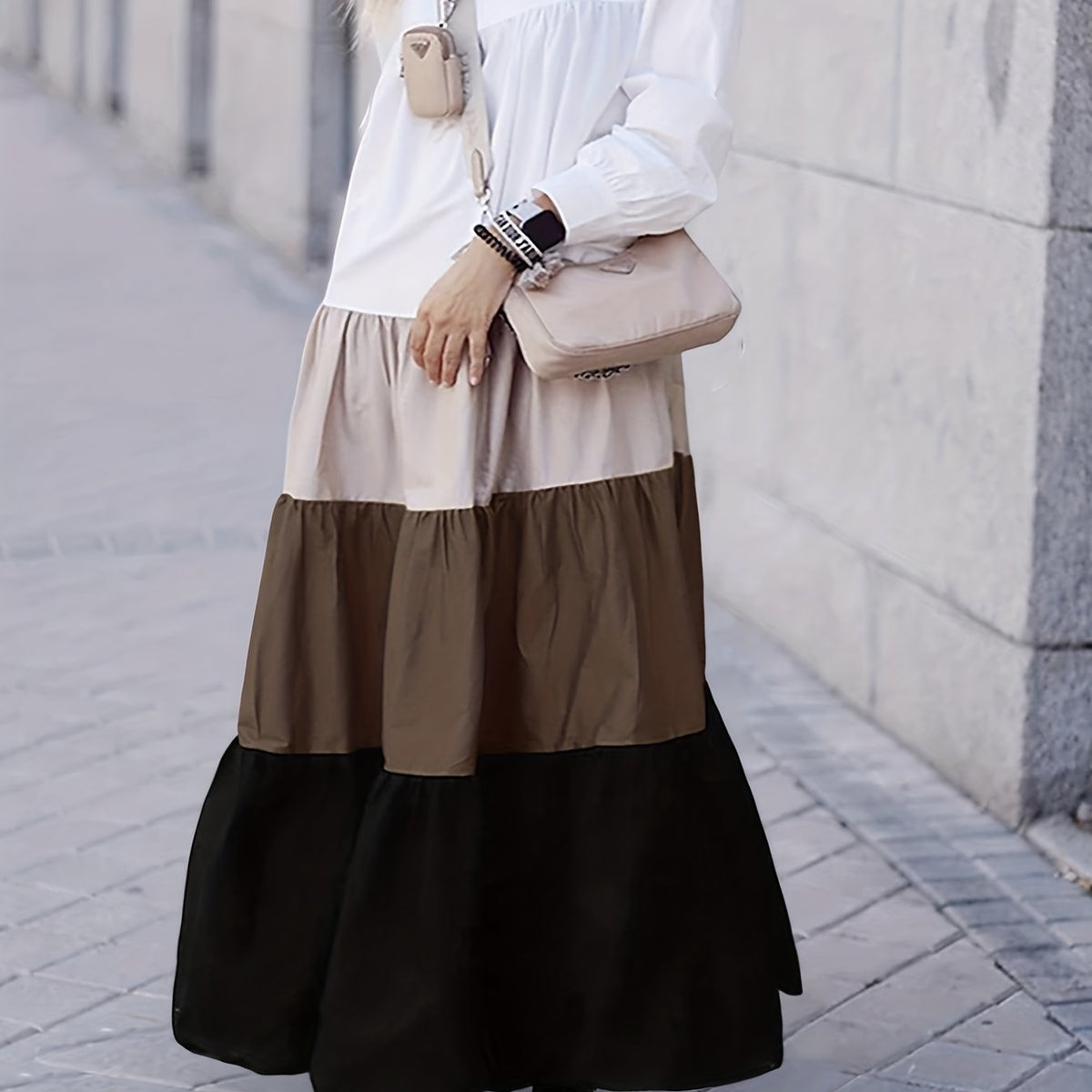  Colorblock Long Sleeve Maxi Dress