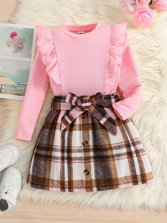 Toddler Girl's 2pcs Ribbed Top & Plaid Skirt Set