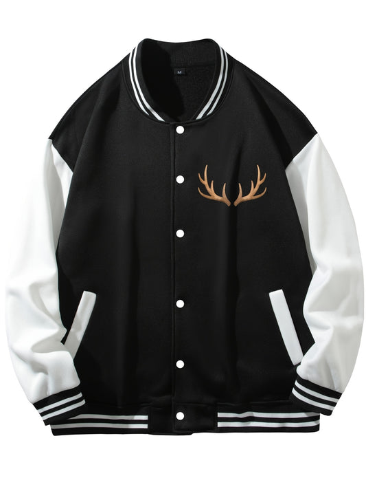 Men's Casual Block Baseball Jacket With Antlers Print