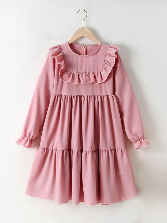 Girls Pink Lace Ruffle Patchwork Dress