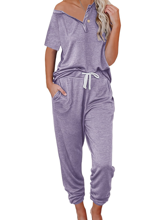 Casual Solid 2pc Set Short Sleeve Button T-shirt & Drawstring Pants