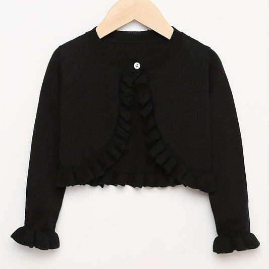 Girls' Knit Cardigan Single Button Flounce Cuff Long Sleeve Thin Cardigan