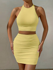 Solid Slim Two piece Skirt Set Halter Neck Backless Top & Ruched Body Con Skirt