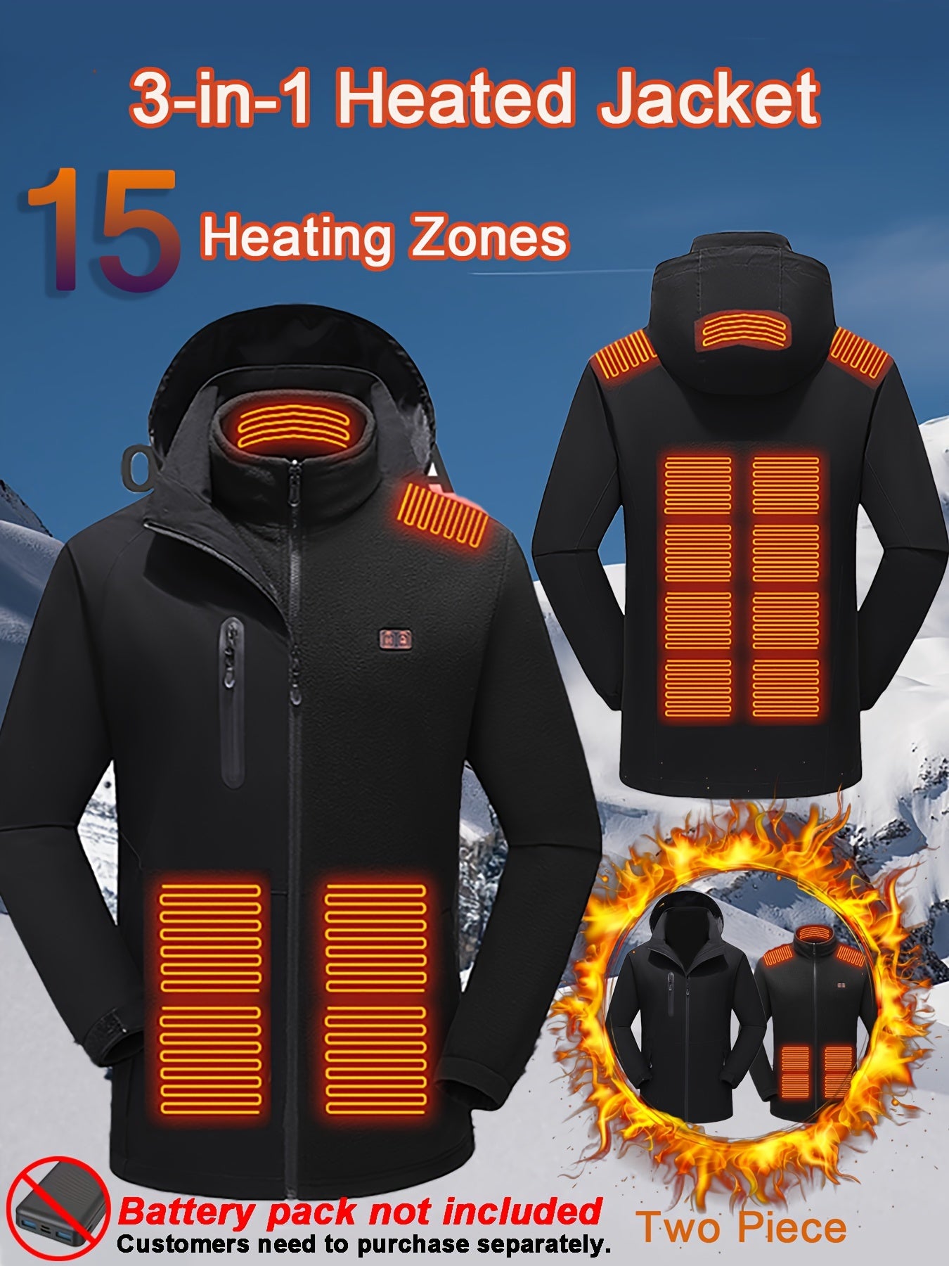 Men's 15 Zone Heated 3 in 1 Jacket Outdoor Waterproof Windproof Jacket