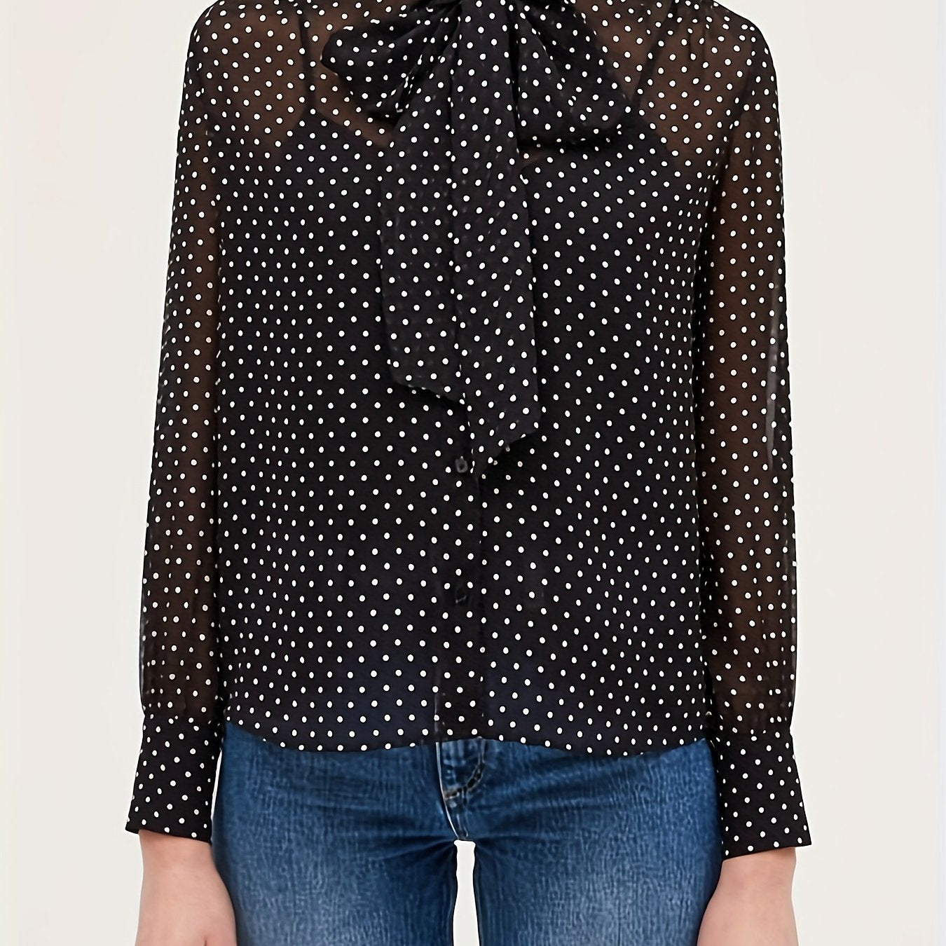  Women's Dot Print Chiffon Long Sleeve Blouse Tie Neck Top