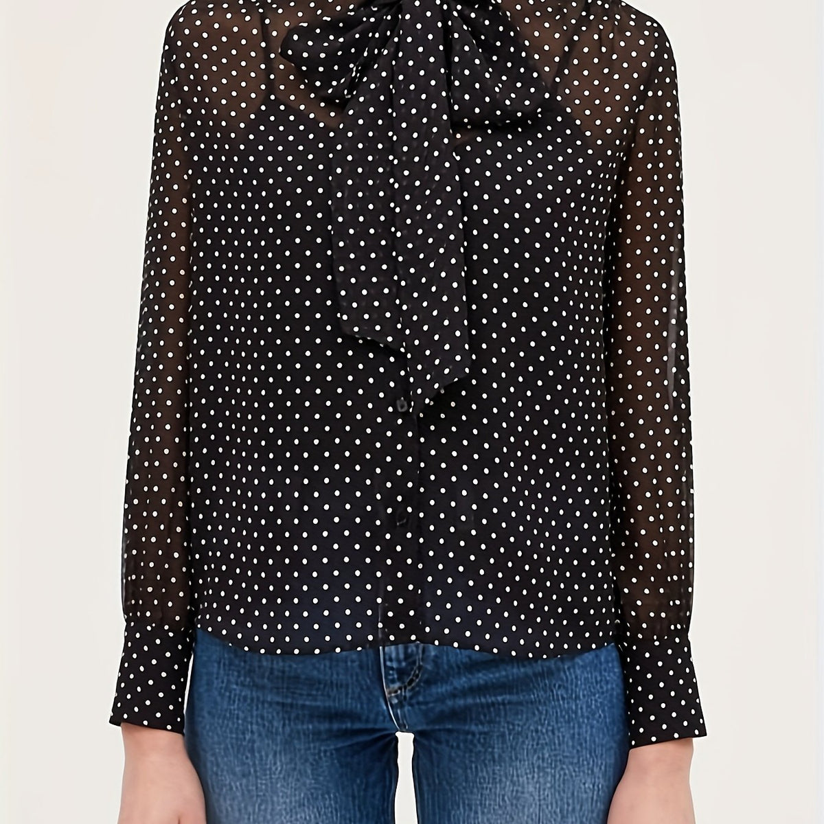 Women's Dot Print Chiffon Long Sleeve Blouse Tie Neck Top