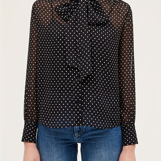  Women's Dot Print Chiffon Long Sleeve Blouse Tie Neck Top