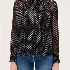  Women's Dot Print Chiffon Long Sleeve Blouse Tie Neck Top