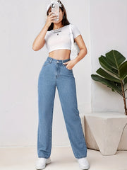 High Waist Straight Jeans Non Stretch Denim Pants