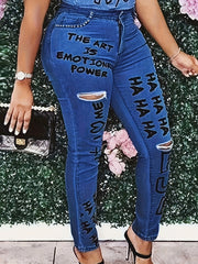  Women's Ripped Skinny Jeans with Slogan Print
