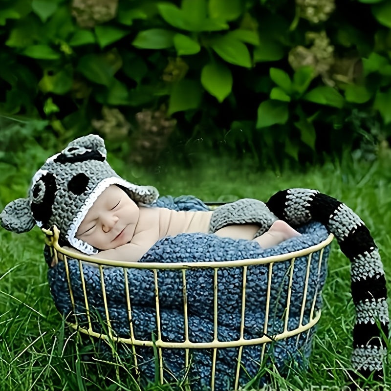 2Pcs Raccoon Crochet Knitted Costume for Newborn Baby Photography Props