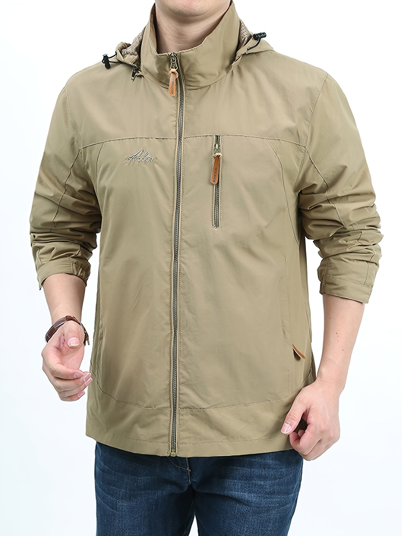 Men's Waterproof & Windproof Hooded Jacket Zipper Front