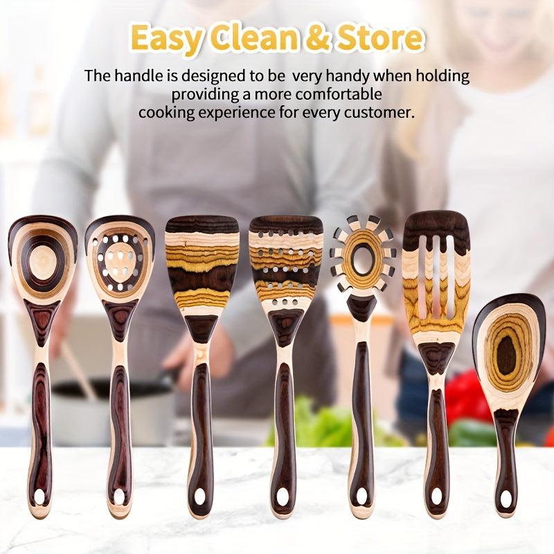 7pcs Pakkawood Kitchen Utensils Heat Resistant Spatula Spoon Frying Shovel