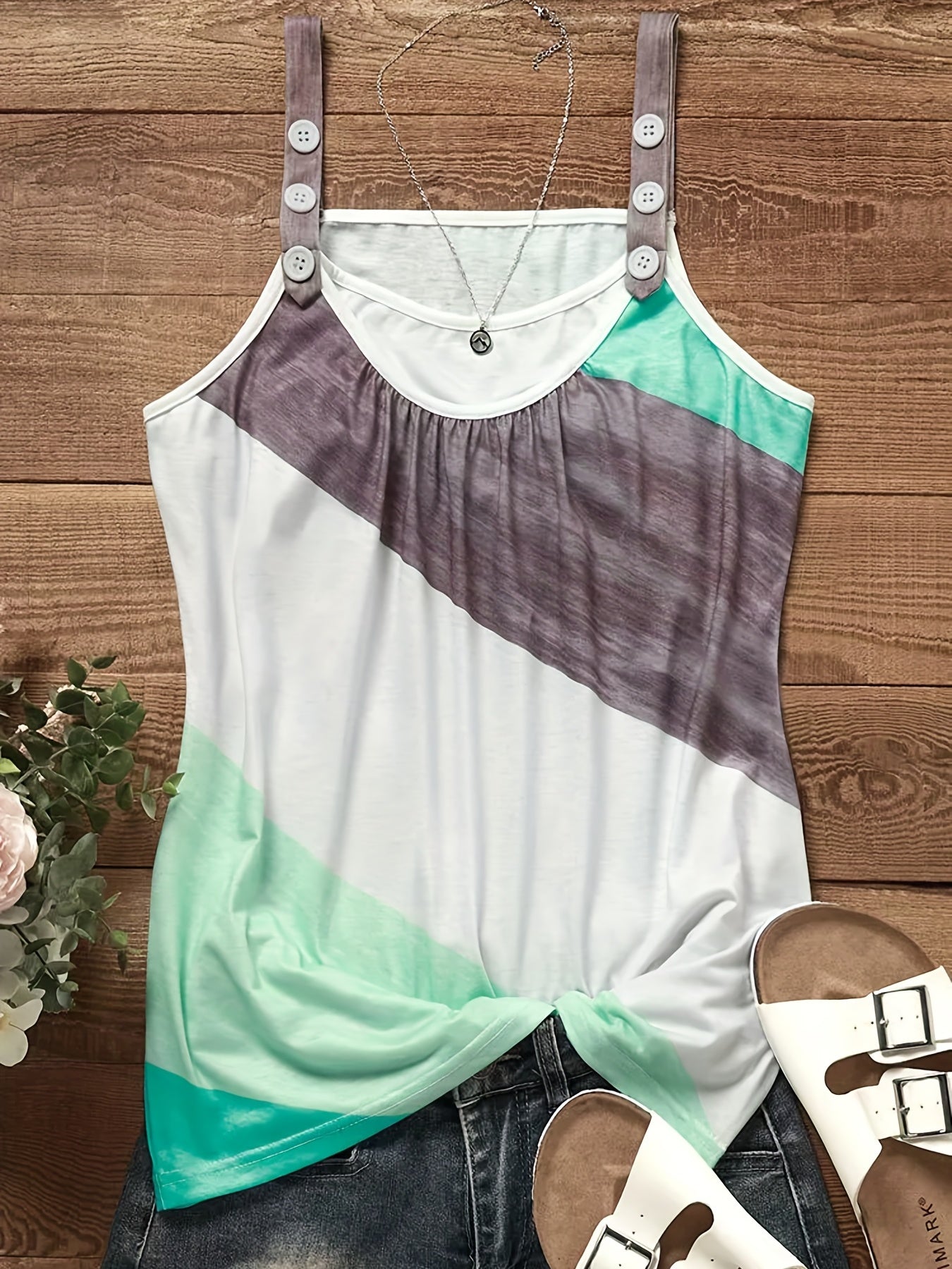 2 in 1 Striped Cami Top with Button Straps