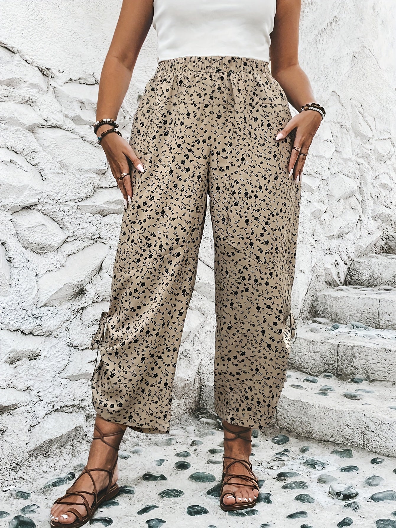  Boho Pants Women's Plus Ditsy Floral Print Wide Leg Trousers