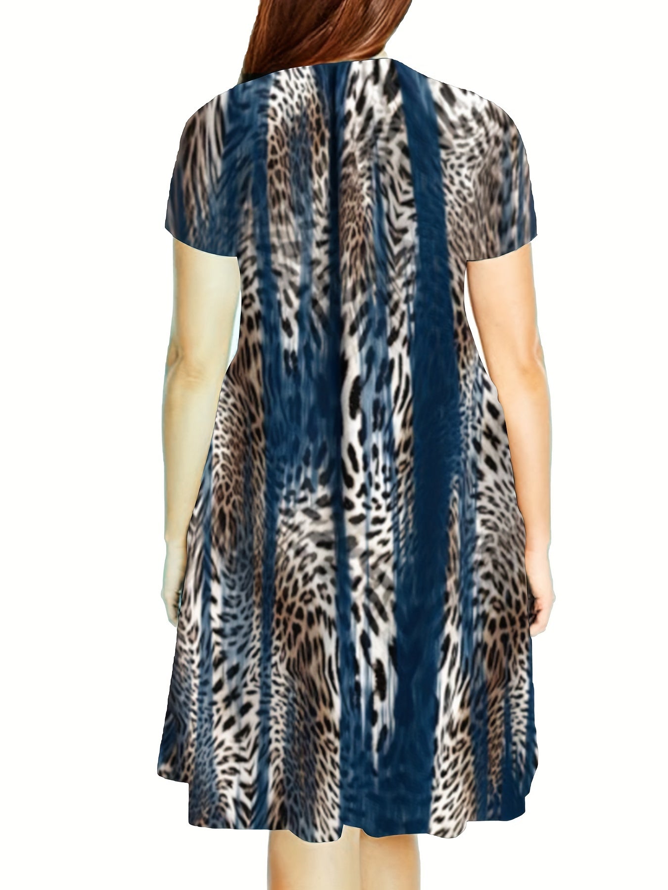 Leopard Print Short Sleeve Casual Dress with Pockets