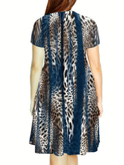 Leopard Print Short Sleeve Casual Dress with Pockets