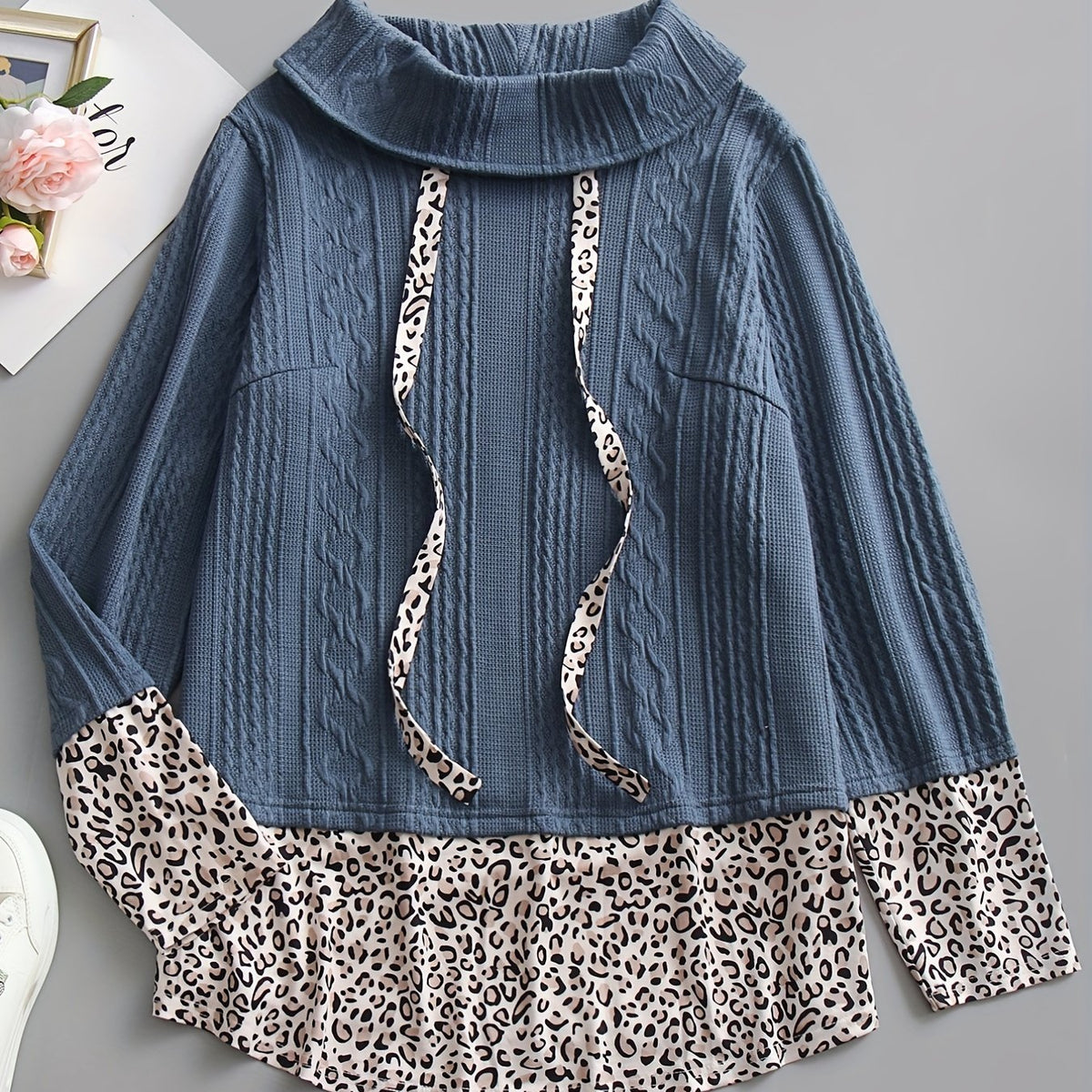 Women's Plus Leopard Print Knitted Sweater Turtle Neck Pullover