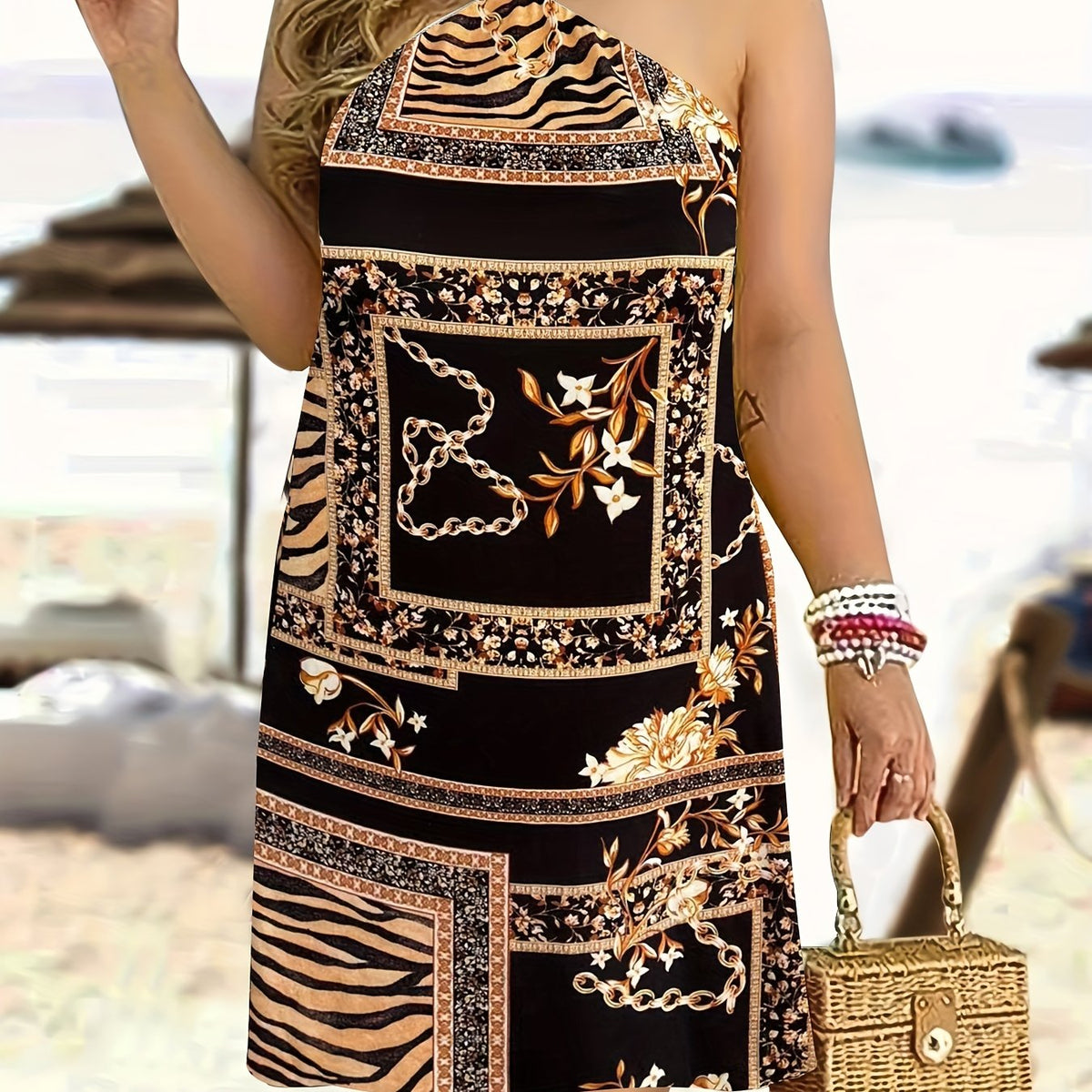  Boho Lounge Dress Women's Floral & Chain Print Halter Neck Tie Back