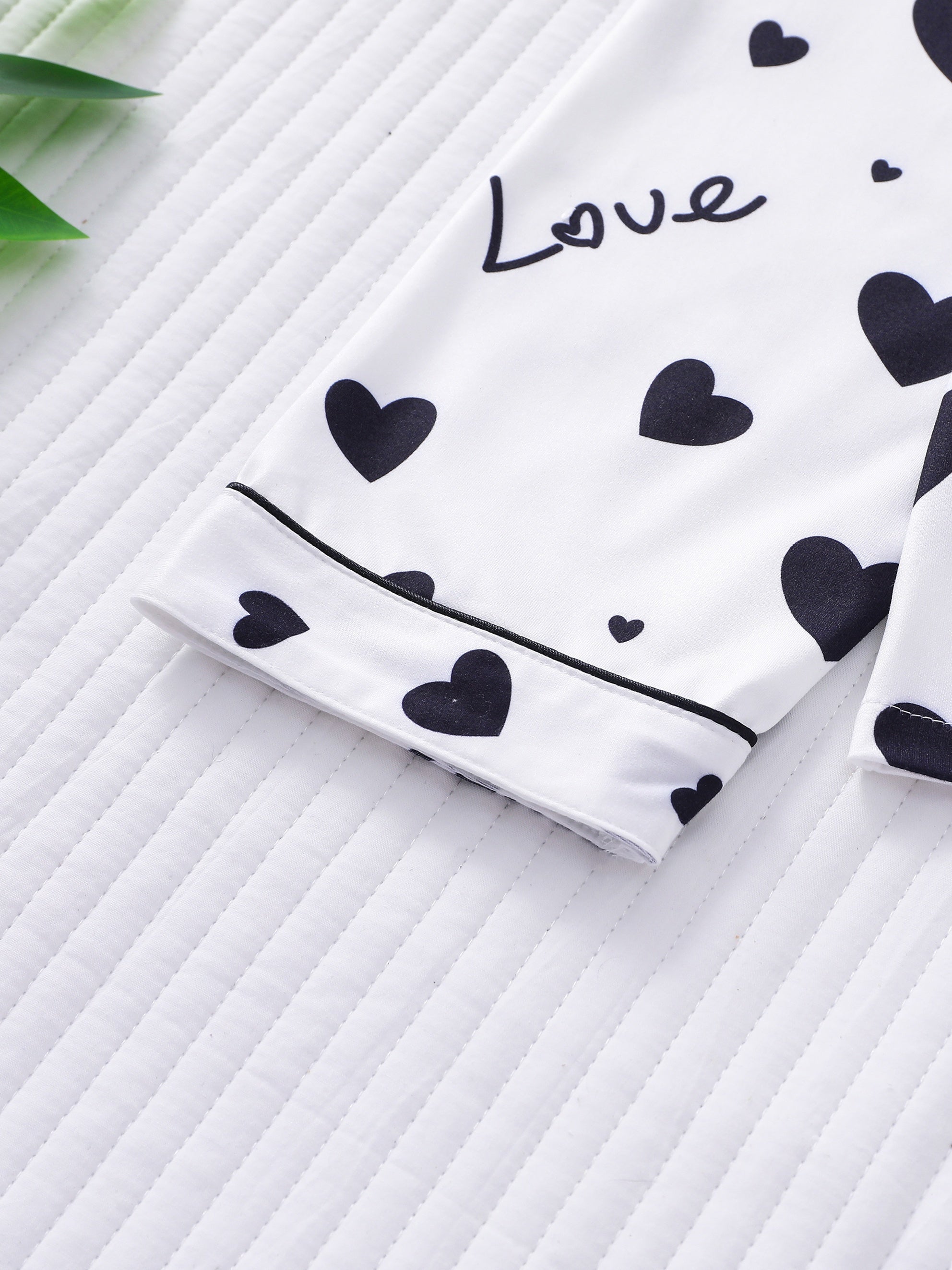 Heart Print Pajama Set Long Sleeve Buttons Top & Elastic Waistband Pants