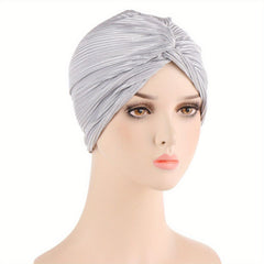 Pleated Striped Turban Cap Solid Head Wrap Classic Head Scarf