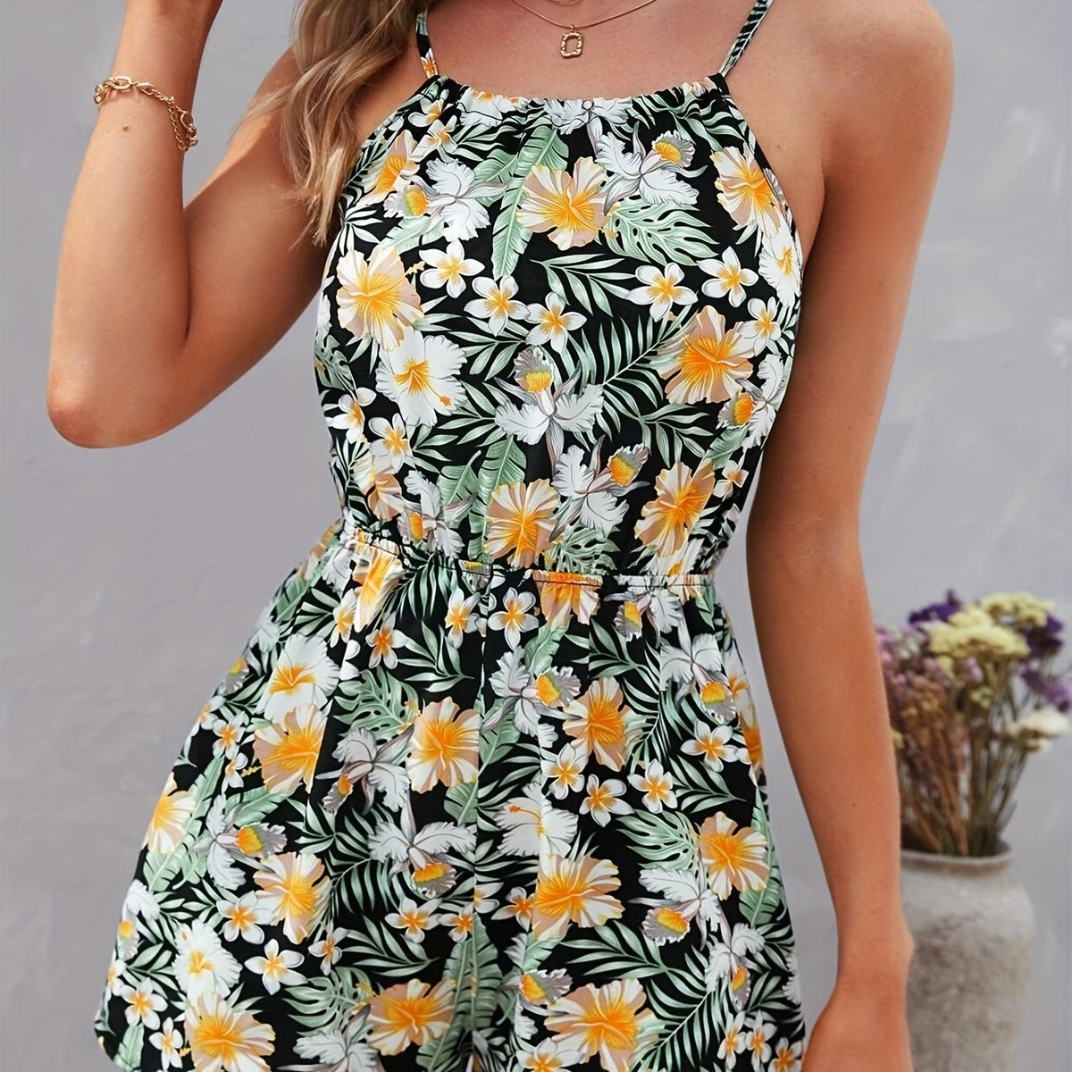 Tropical Print Spaghetti Strap Romper Vacation Slim Waist Sleeveless Romper