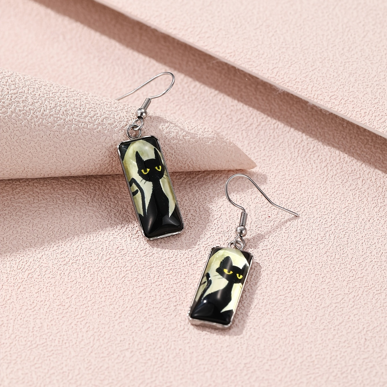 Cat Pattern Rectangle Drop Hook Earrings Jewelry Kitten Animal Party