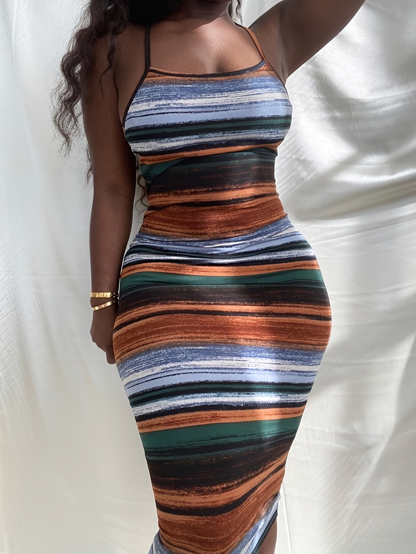  Striped Print Slim Fit Cami Dress Women's Plus Medium Stretch Sundress