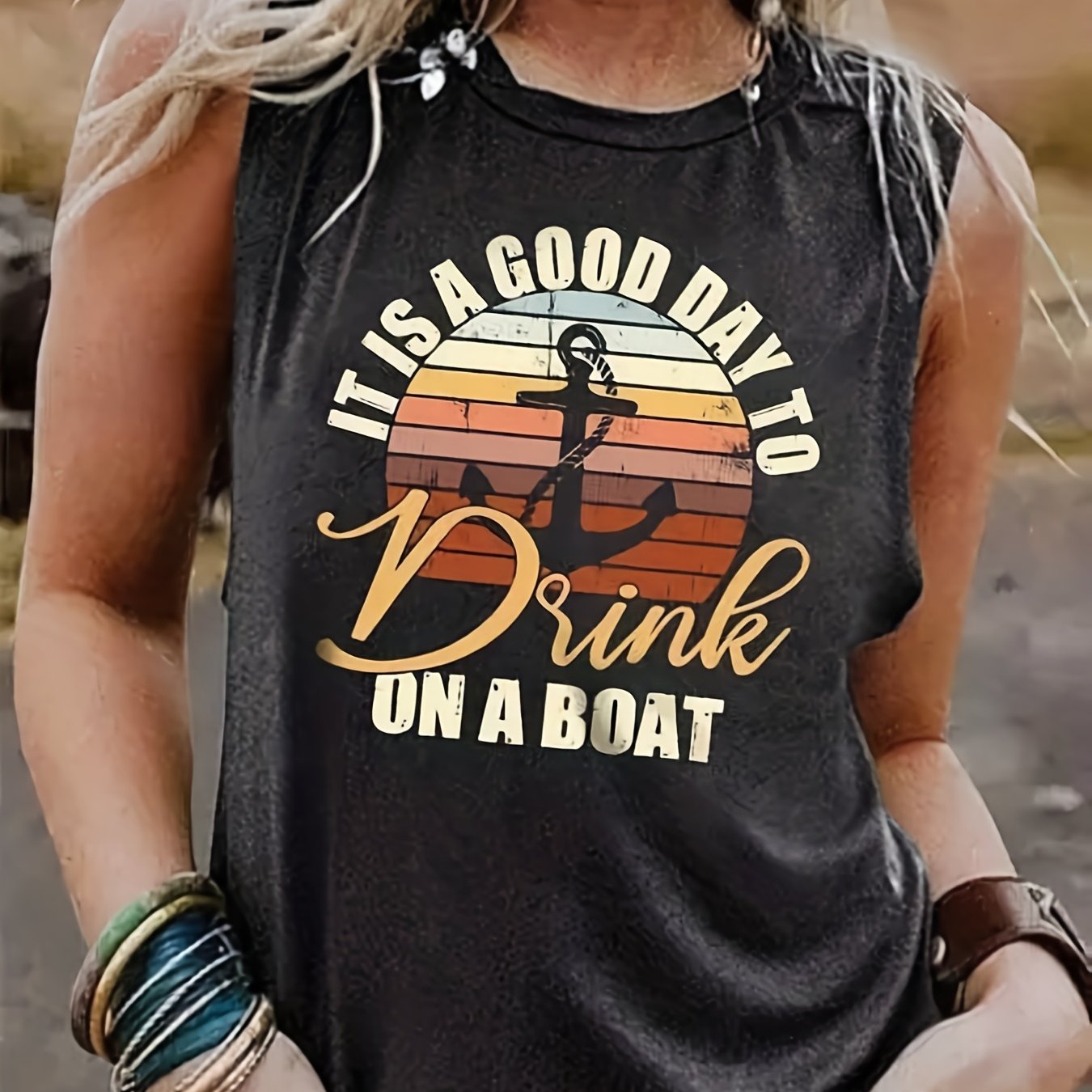 Anchor & Letter Print Tank Top Summer Sleeveless Top