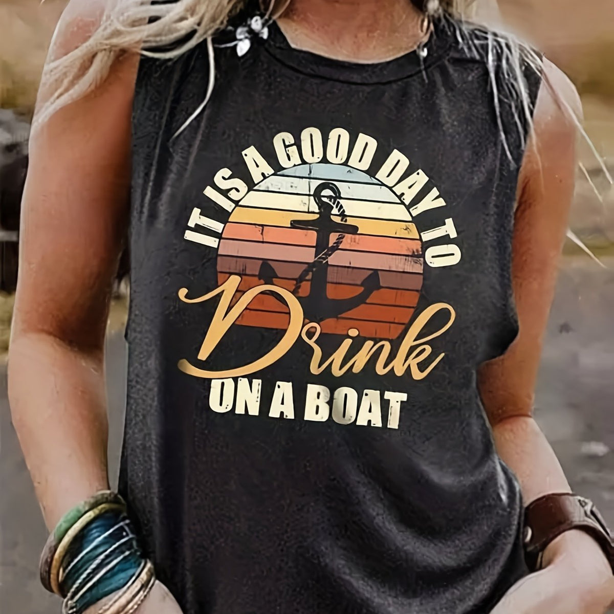 Anchor & Letter Print Tank Top Summer Sleeveless Top