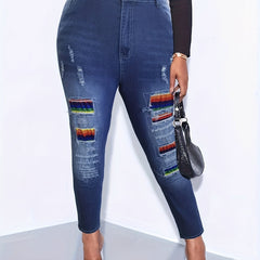 Colorblock Button Fly Ripped Fringe Trim Jeans