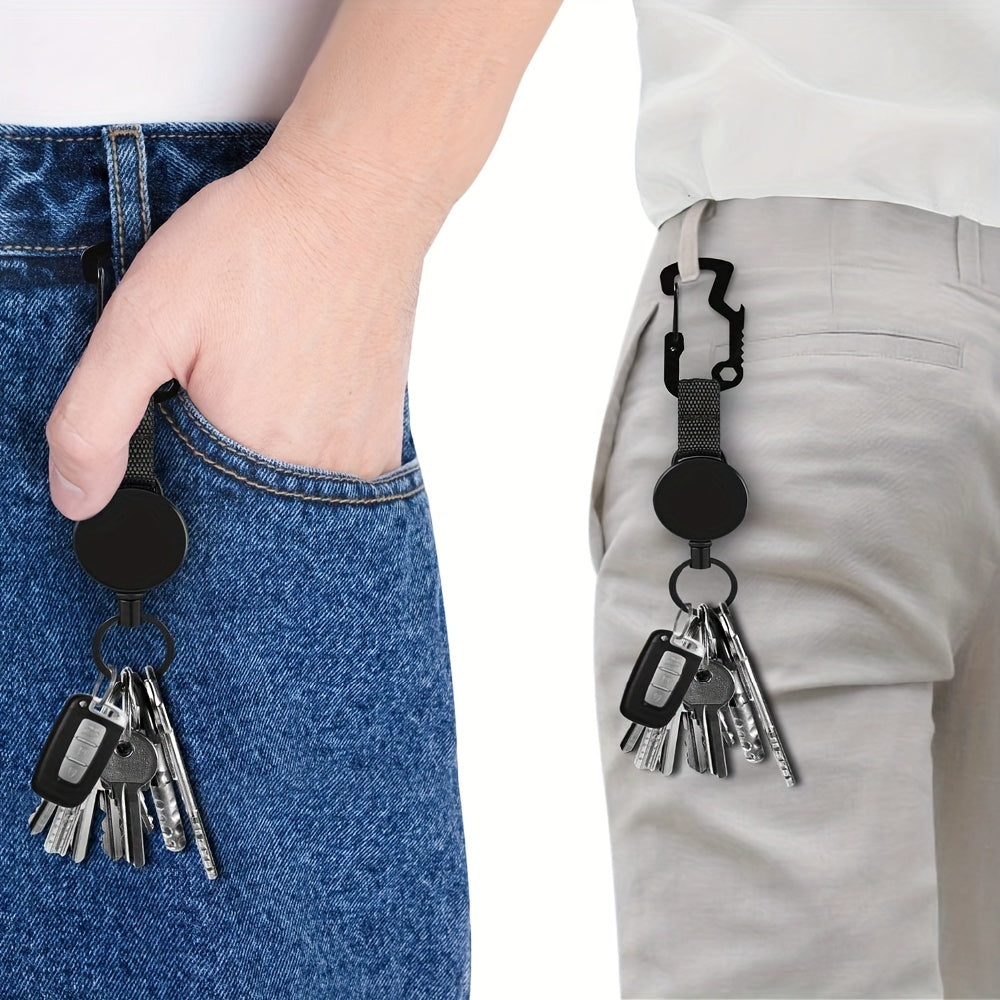 Metal Carabiner with Retractable Lanyard Reel Bottle Opener Keychain