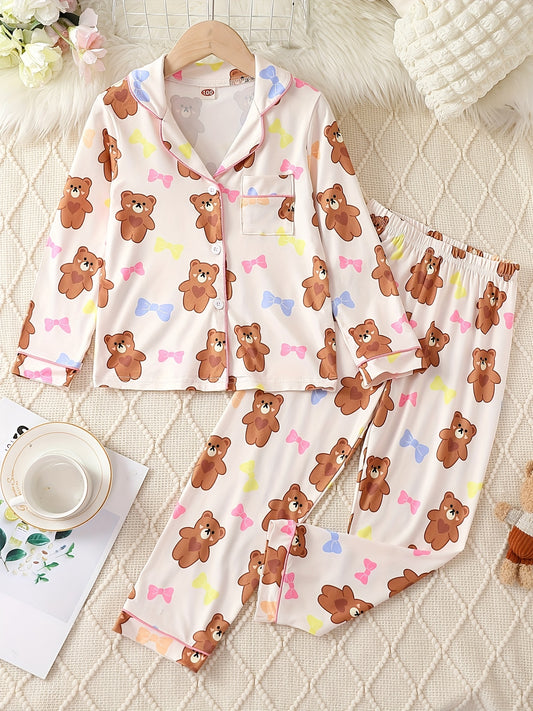 Kid's Bear Print Pajama Set Long Sleeve Top & Pants