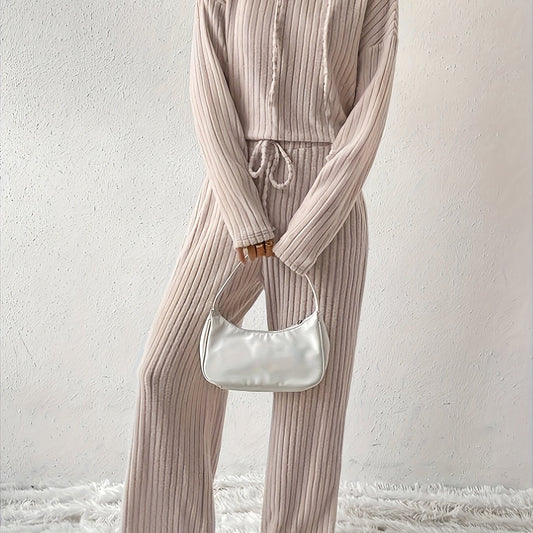  Solid Ribbed Knit Hoodie & Pants Set