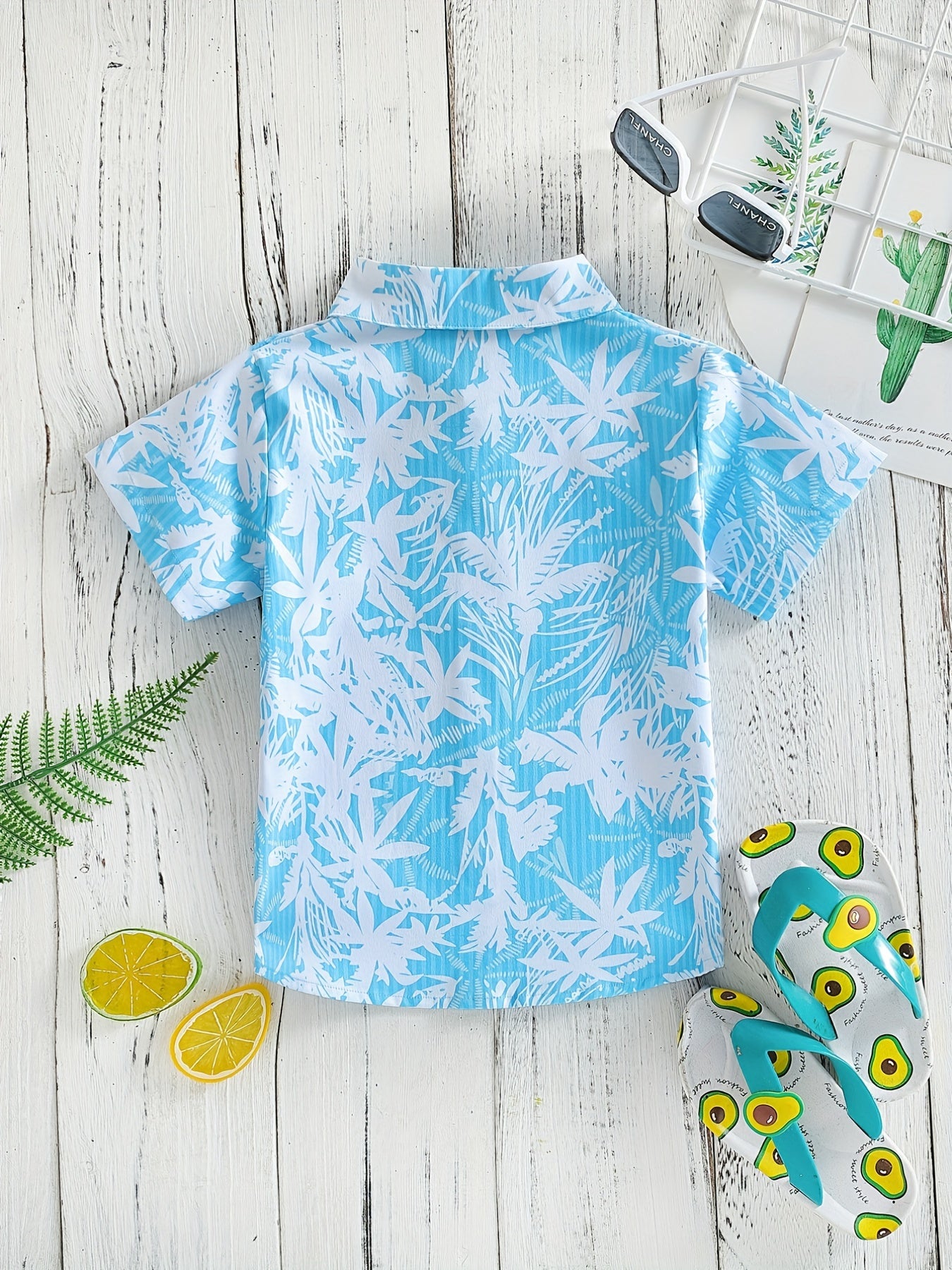 Boys Leaf Print Short Sleeves Shirt For Vacation Beach Kids Summer Clothes