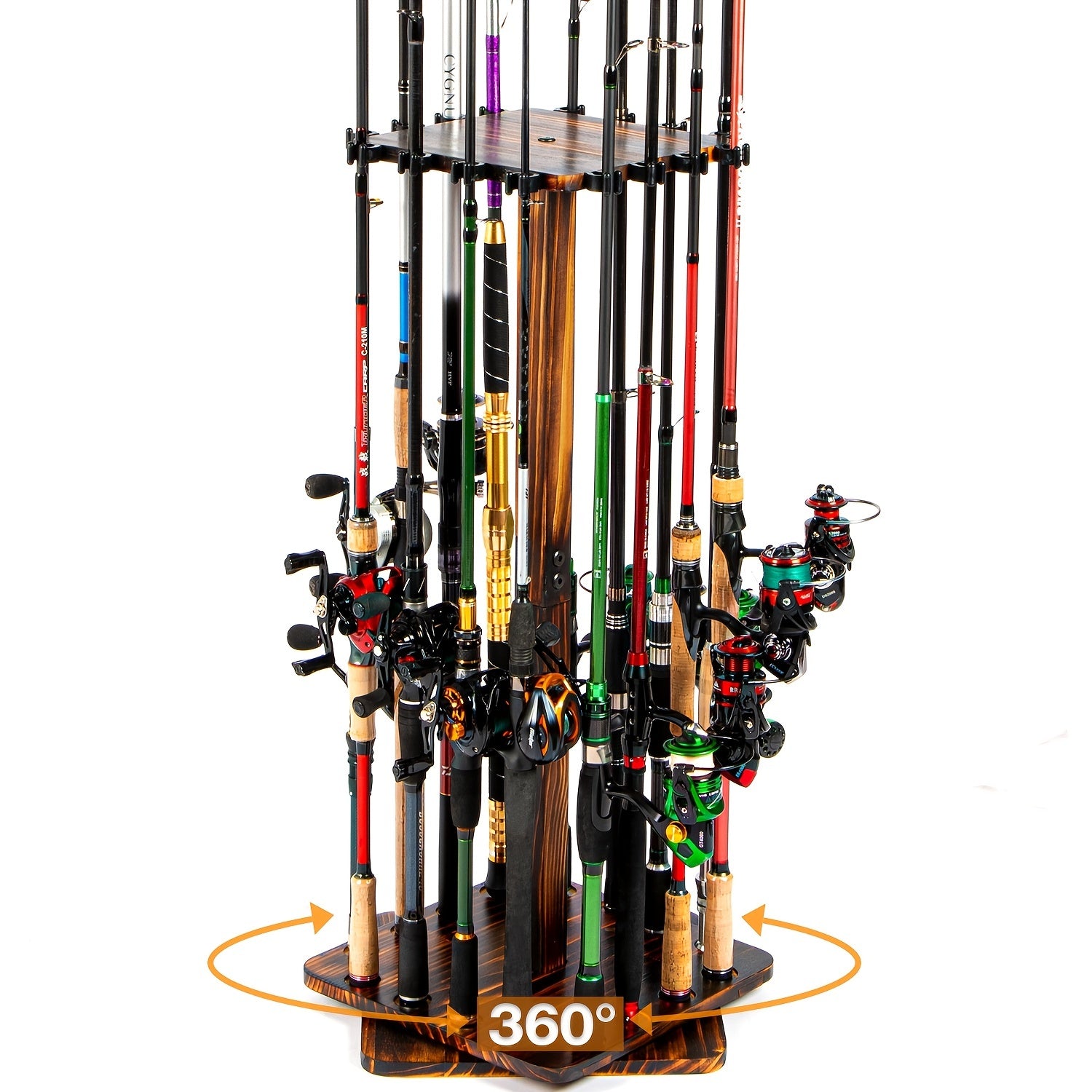 360&deg; Rotating Fishing Rod Holder Rack, Holds 16 Rods, Vertical Storage
