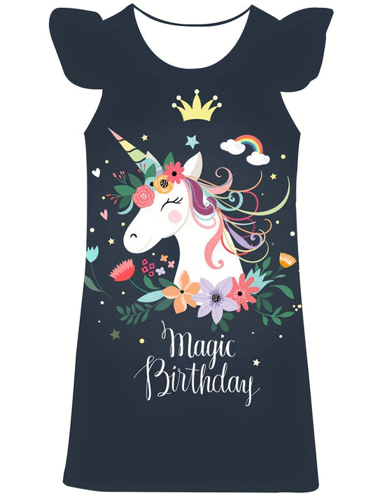 Girl's Pony One piece Dress Butterfly Sleeve Crew Neck Princess Dress Summer