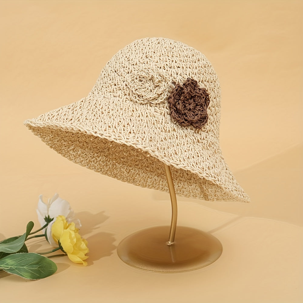 Beige Crochet Straw Bucket Hat Flower Decor Hollow Breathable