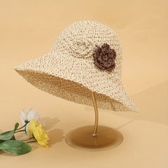 Beige Crochet Straw Bucket Hat Flower Decor Hollow Breathable