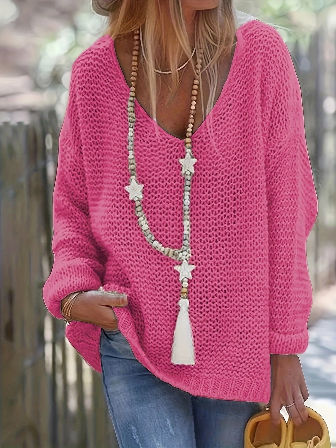 Women's V Neck Knitted Pullover Sweater Long Sleeve Casual Spring Fall