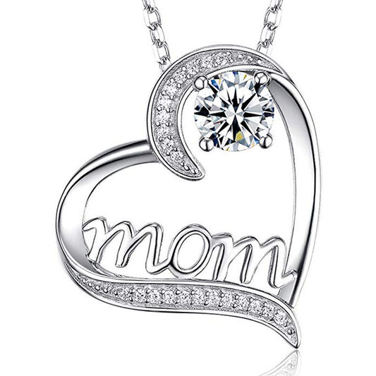 Heart Shape Rhinestone Mom Pendant Necklace Mother's Gift For Women