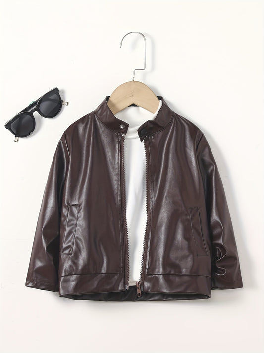 Boy's Stylish Stand Collar Zip Up Jacket Windproof Long Sleeve Coat