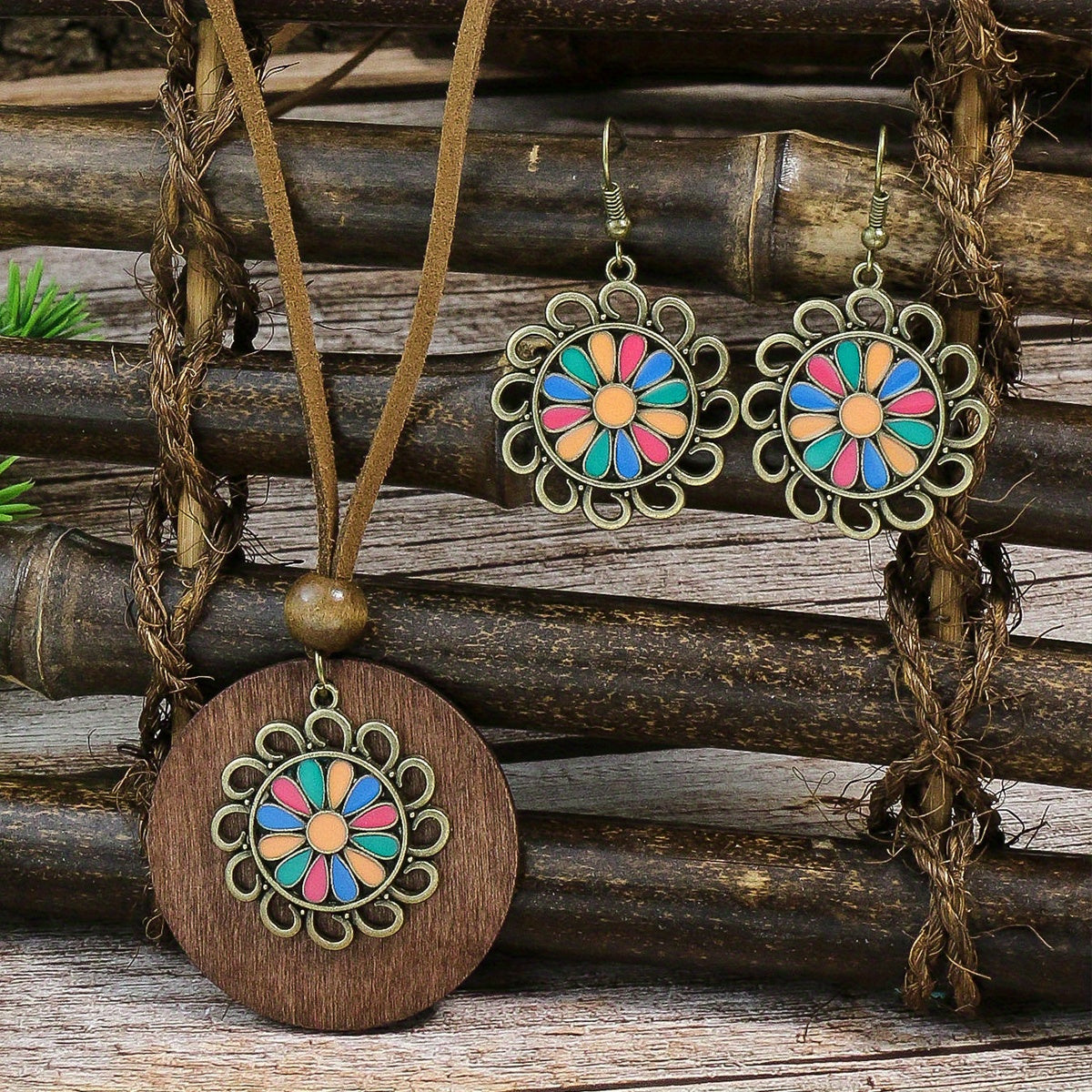 Vintage Antique Bronze Floral Beaded Earrings Necklace Set