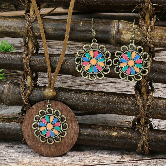 Vintage Antique Bronze Floral Beaded Earrings Necklace Set